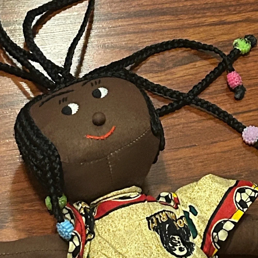 Handmade African Black Rag Doll w/Braids & Beads wearing a Bob Marley Dress 13”